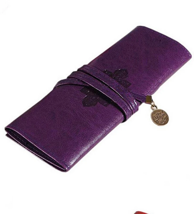 1PCS Luxury Vintage Women Roll Leather Purse Makeup Cosmetic Pen Pencil Brush Bag Case Pouch Purse Bag for School