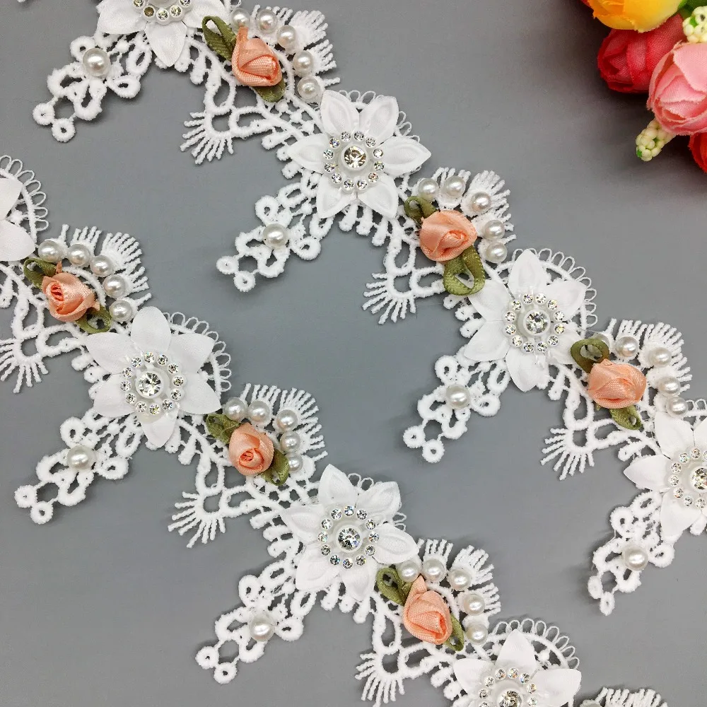 

20x White 3D Flower Pearl Embroidered Diamond Tassel Lace Trim Fabric Ribbon Handmade Wedding Dress Clothes DIY Sewing Craft