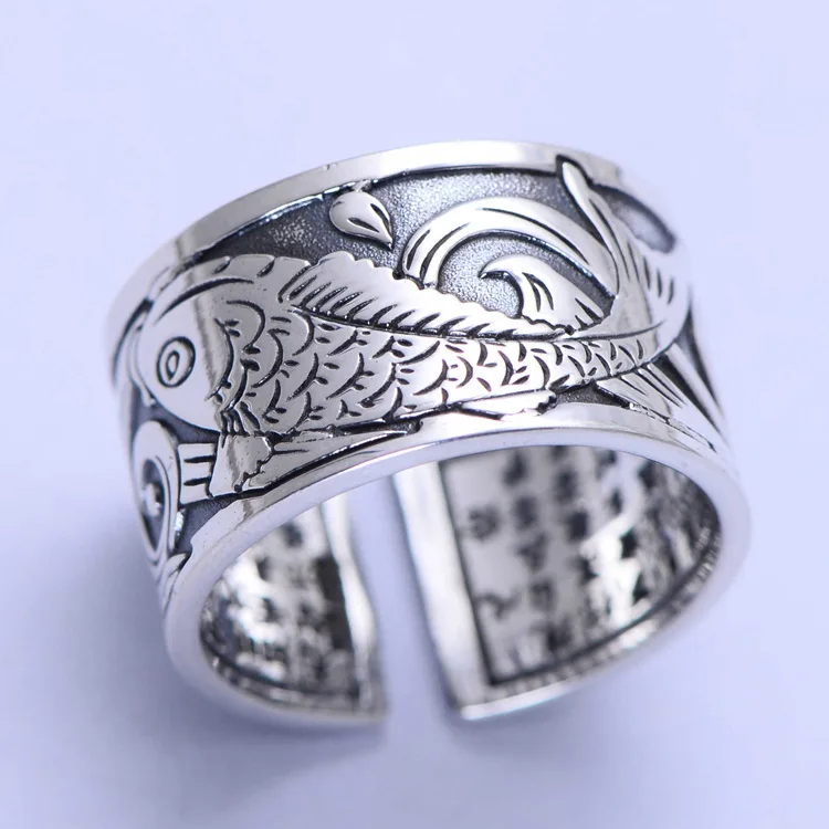 

999 Sterling Silver Jewelry Silver Carp heart Opening Retro Men's Ring Jewelry Free Shipping