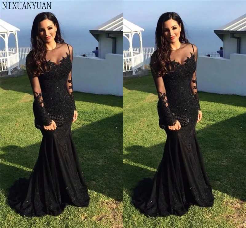 

Generous Black Mermaid Evening Dresses 2021 Long Sleeved Prom Dress Galajurk Robe De Soiree Sheer Formal Party Gowns