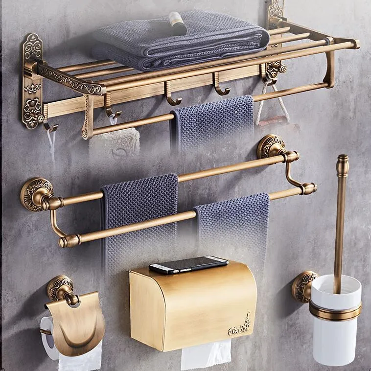 Antique Bronze Carved Bathroom Accessories Set  Aluminum Bath Hardware Sets Towel Rack,Paper holder Toilet Brush Holder