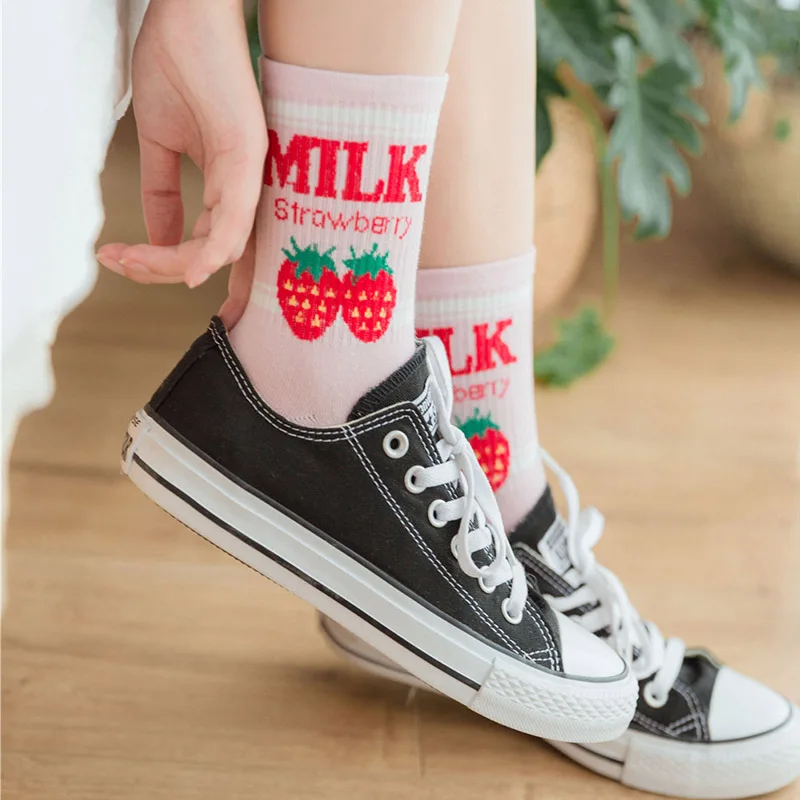 KEP Fashion Cute Jacquard Strawberry Milk Letters Pink Girl Socks Lovely Kawaii Cartoon Harajuku Crew Casual Home Socks Gifts