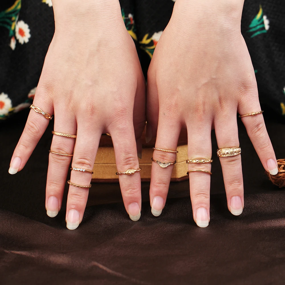 17KM 12Pcs/Set Charm Gold Color Midi Finger Ring Set for Women Vintage Boho Knuckle Party Rings Punk Jewelry Gift for Girls