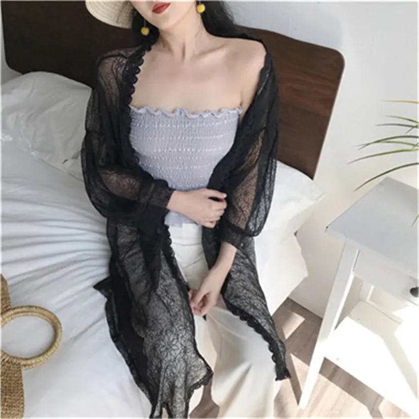 Longgar Musim Panas Wanita Tipis Renda Cardigan Blus Midi Panjang Wanita Matahari Perlindungan Pakaian Pantai Seksi Hollow Out Kemeja Blusas WZ811