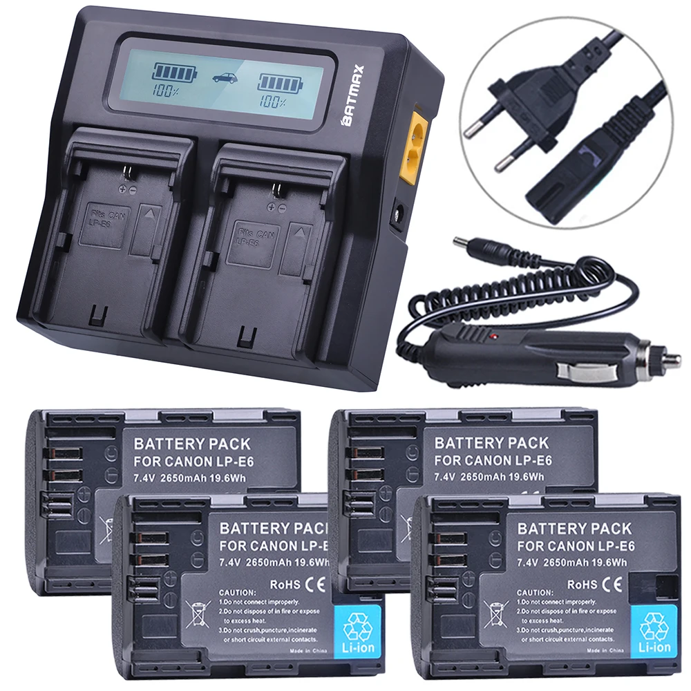 

4Pcs 7.4V 2650mAh LP-E6 LPE6 LP E6 Battery + Rapid LCD Dual Charger for Canon 5D Mark II/III 6D 7D 60D 60Da 70D DSLR EOS 5DS