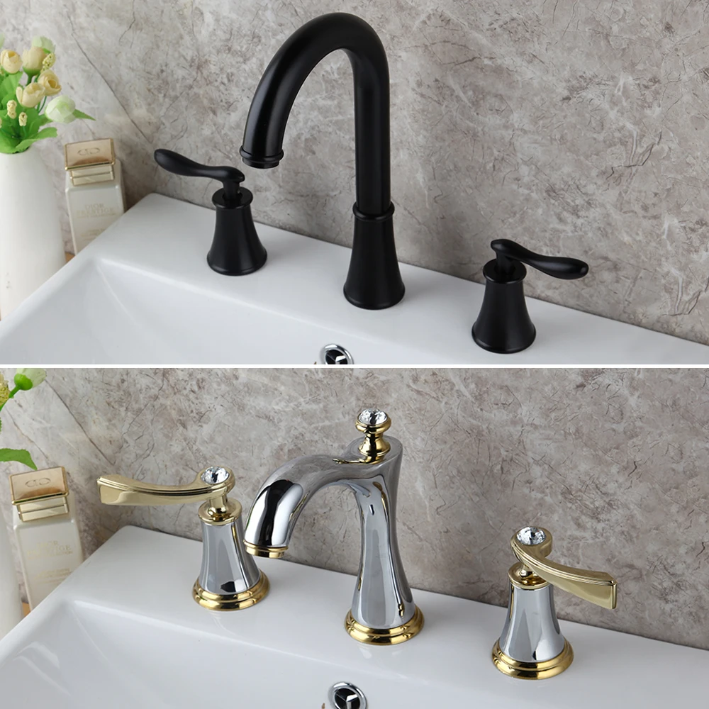 

bathroom wall faucet torneira Sink Faucet 3 pcs Deck Mounted Tap black and Chrome 3 hole Double faucets handle Faucet Mixer Tap