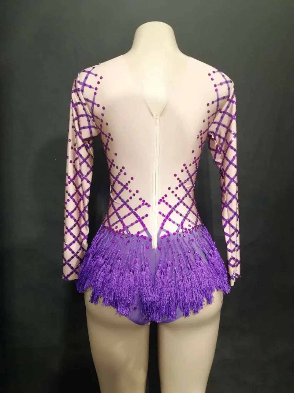 2020 Women New Purple Tassel Sexy Bodysuit Full Shiny Rhinestone Costumes Celebrate Nightclub Party Singer Dancer Stage Wear