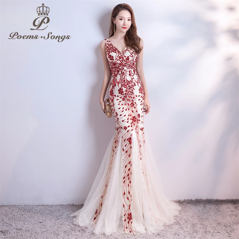 Poems Songs  New sequins Mermaid  Evening Dress prom gowns Formal Party dress vestido de festa Elegant Vintage robe longue