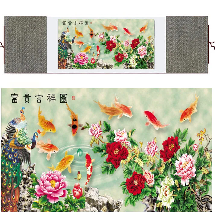 

Fish painting Silk painting traditional art Chinese painting fish and flower paintingPrinted painting