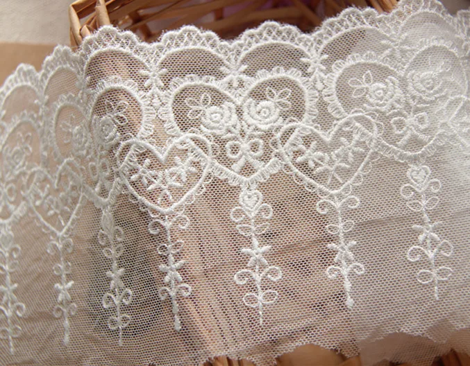 2yards/lot 10cm White Floral embroidered lace fabric cotton embroidered bottom transparent mesh fabric dress material SC006