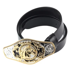 Golden Horse Big Buckle Pure Genuine Leather Belt Cowhide Cowboy Fashion Men