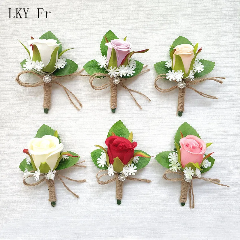 LKY Fr boutonnière boutonnière mariage Corsage Pin fleurs blanc rose marié boutonnière hommes mariage soie fleur Corsages