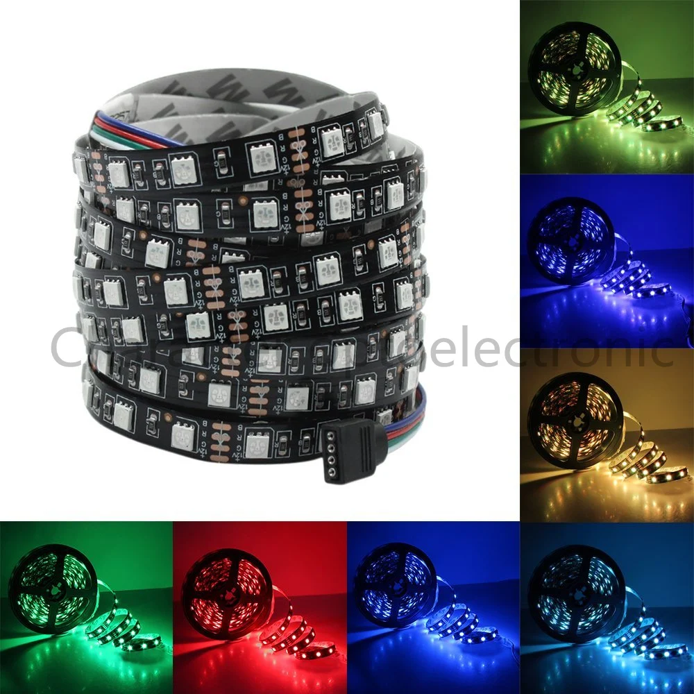 Tira de luces LED 5050 IP30/ IP65, resistente al agua, rojo, verde, azul, blanco frío, blanco cálido, RGB, 12V, negro, PCB, 60LED/m, 5m/lote,