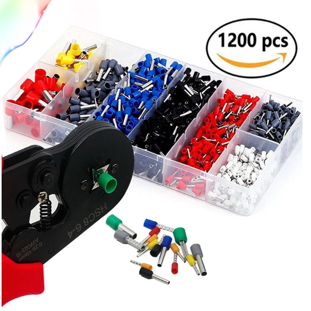 1200pcs Cable Wire Terminal Connector with Hand Ferrule Crimper Plier Crimp Tool Kit Set AWG 7-22