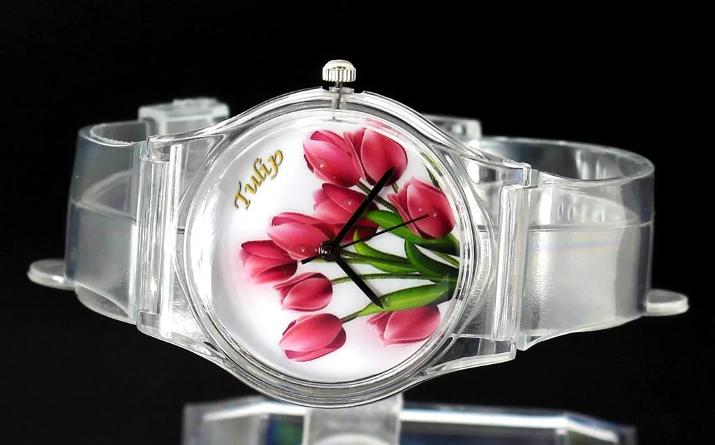 Rose Flower / Tulip / Butterfly Women Ladies Watches Colorful Color Transparent Band Casual Sport Quartz Wrist Watch