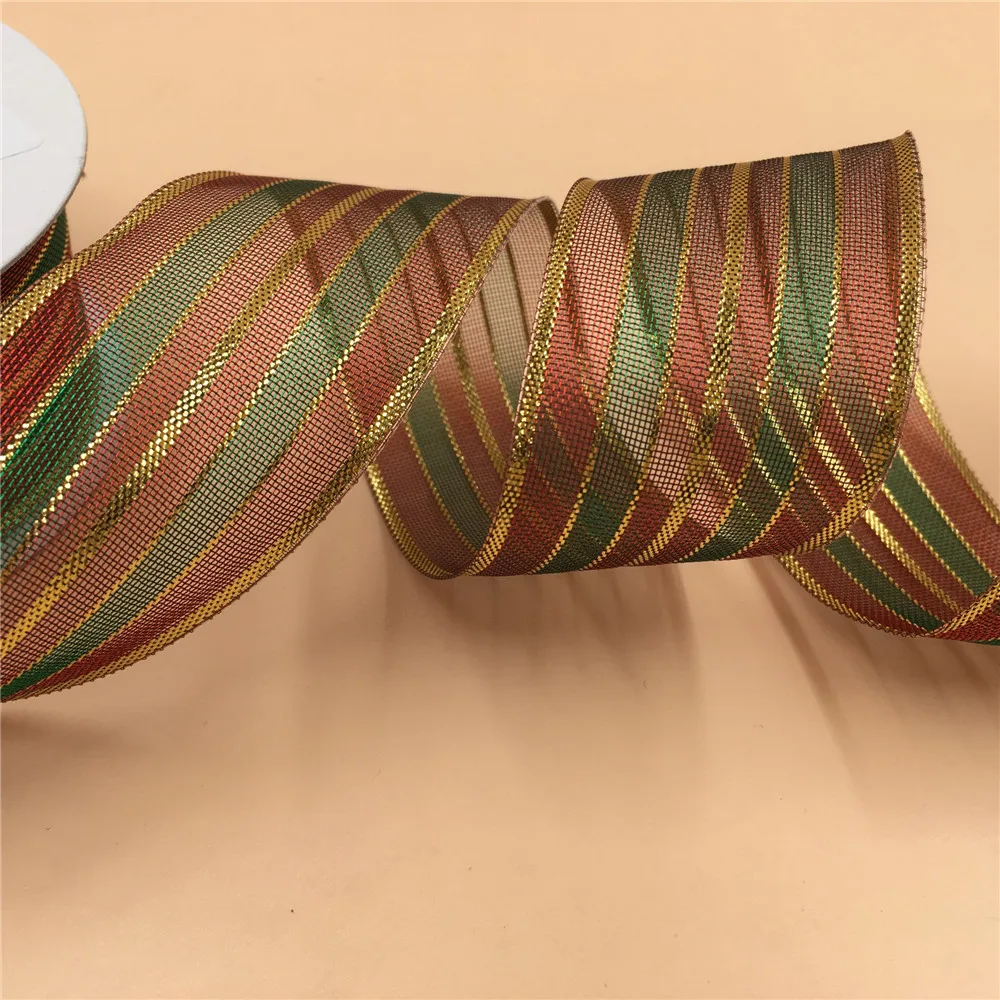 

N2098 38mm X 25yards red gold green stripes metallic ribbon wired edge gift packaging ribbon