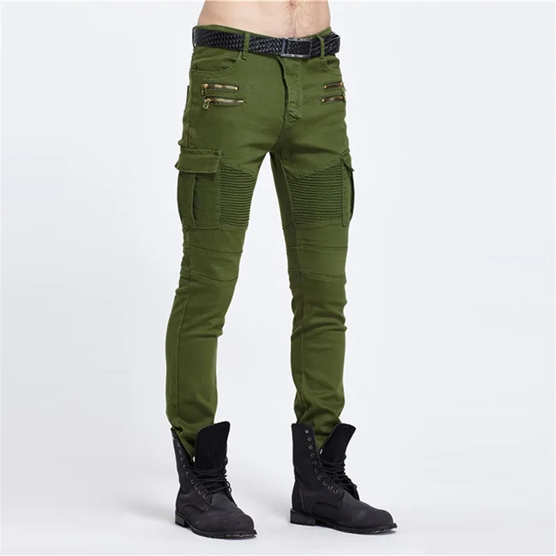 

Biker Jeans Punk Style Cargo Pocket Jeans Skinny Men Famous Brand Mens Designer Clothes Zipper Denim Pants Green Black