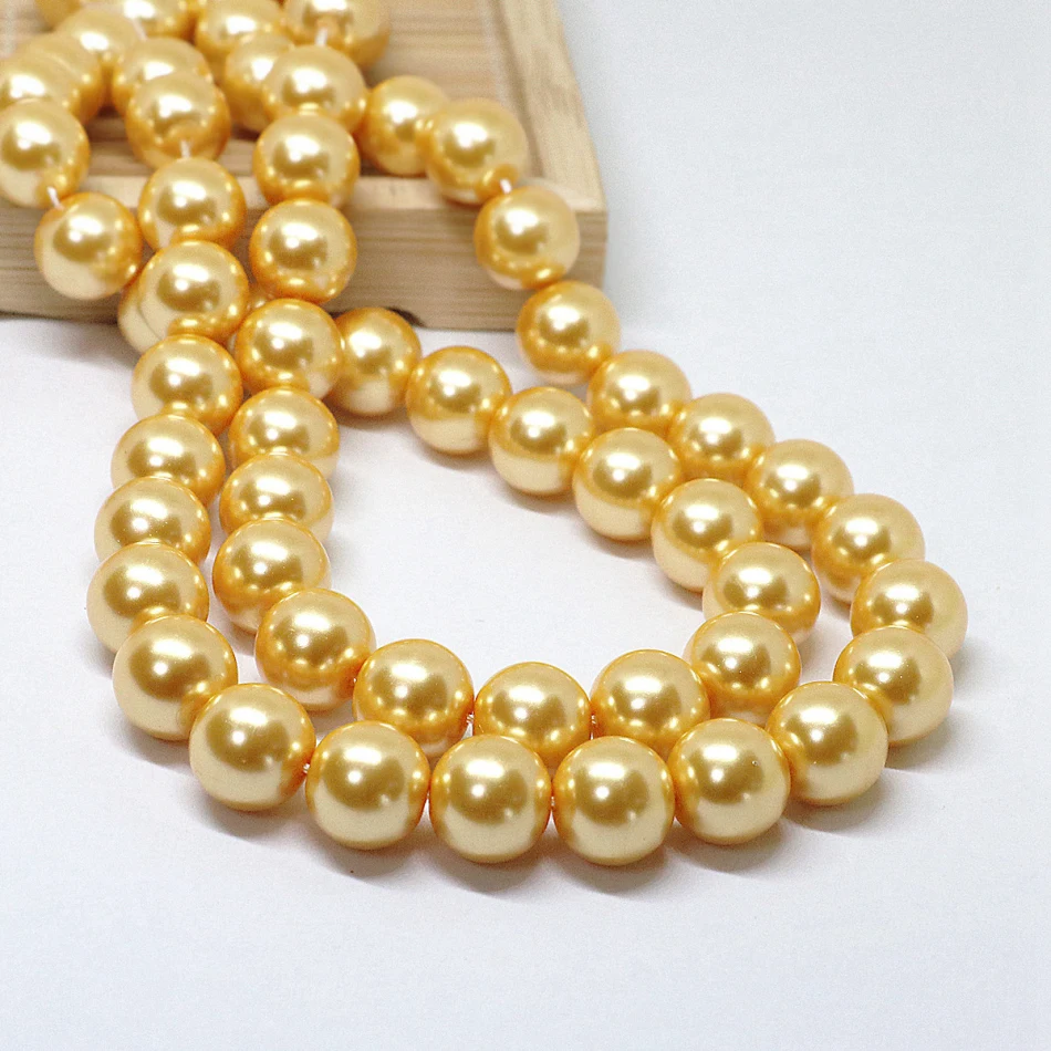 New fashion golden yellow imitation pearl shell round loose beads 4-14mm factory outlet wholesale jewelry making 15inch B1610