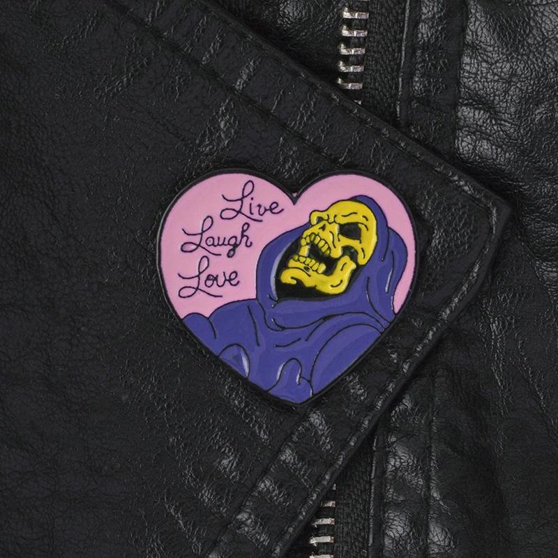Live Laugh Love ! Skeletor Halloween Gothic Dark Heart Shape Skull Skeleton Death Godfather Enamel Badge Brooches Lapel Pins image 4