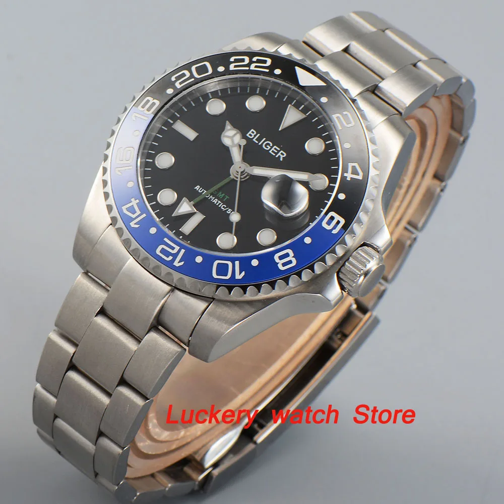 Bliger 40mm black dial luminous saphire glass;black and blue Ceramic Bezel GMT Automatic movement men's watch-BA21