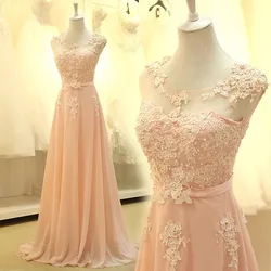 Abiti da damigella d'onore formali al pavimento 2018 nuovo elegante abito lungo maxi in chiffon di pizzo A-line rosa abito da ballo per matrimoni da donna