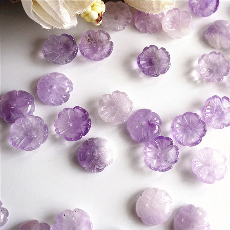5pc Carved Real Stone Flower Natural Quartz Loose Beads Purple Crystal Bead Accessories For Jewelry Making DIY Findings DYL0037