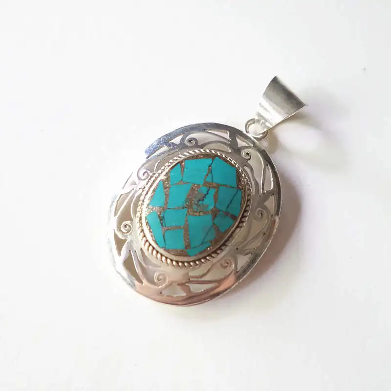 TBP489 Nepal Vintage Jewelry White Metal Copper Inlay Turquoise Hollow Flower Pendants