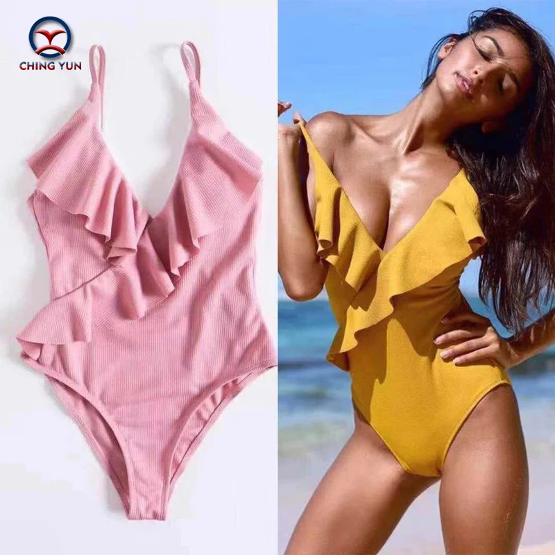 

CHING YUN 2019 New Sexy One-piece Solid Color One-Piece Ruffle Trim Sexy Shoulders V-neck Ms Falbala Beach Bathing Suit Swimwear