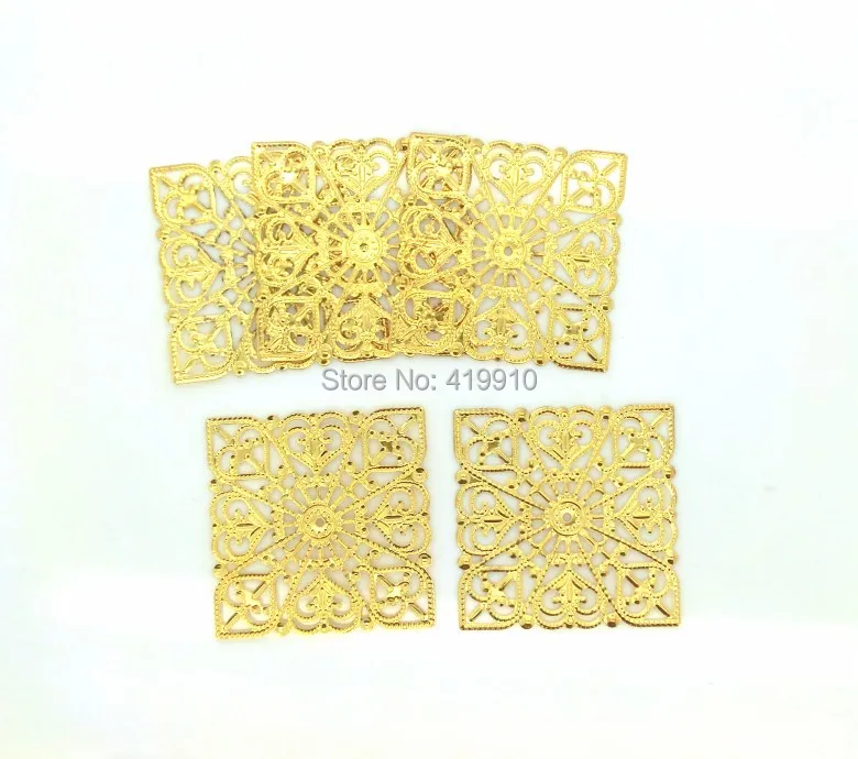 Free shipping-50Pcs Gold Tone Filigree Square Wraps Connectors Metal Crafts Gift Decoration DIY Finding Connectors 40x40mm J0565