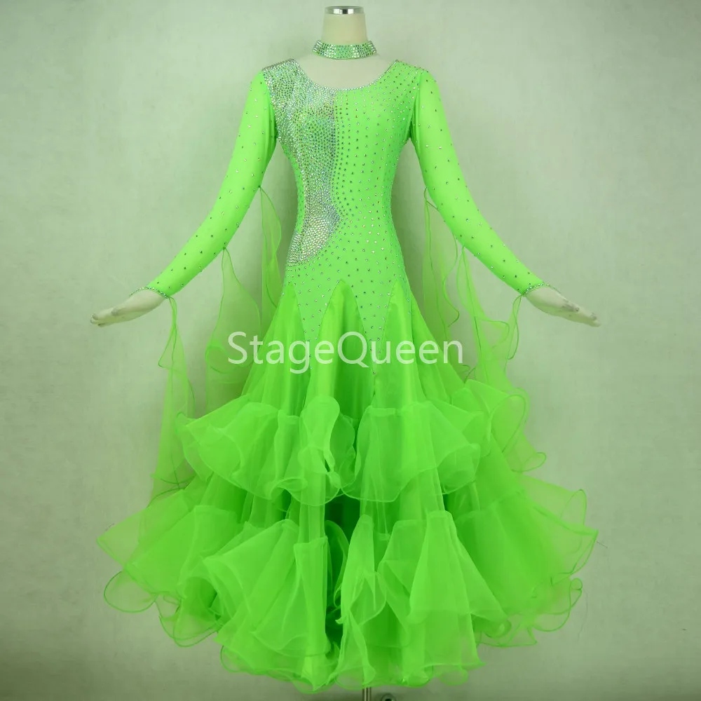 Green Rhinestones Standard Ballroom Dresses Girls Long Sleeve Dancing Costume Adult Waltz Ballroom Competition Dance Dress