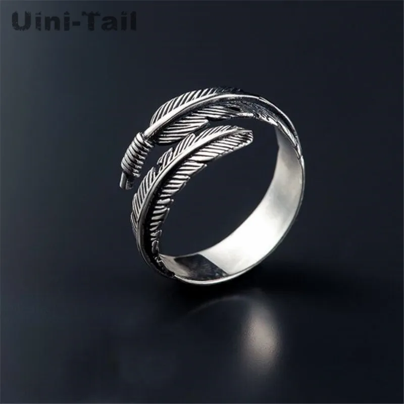 Hot Retro High-quality 925 Tibetan silver Jewelry Thai Silver Female Personality Feathers Arrow Open Ring Gift of choice  JZ189