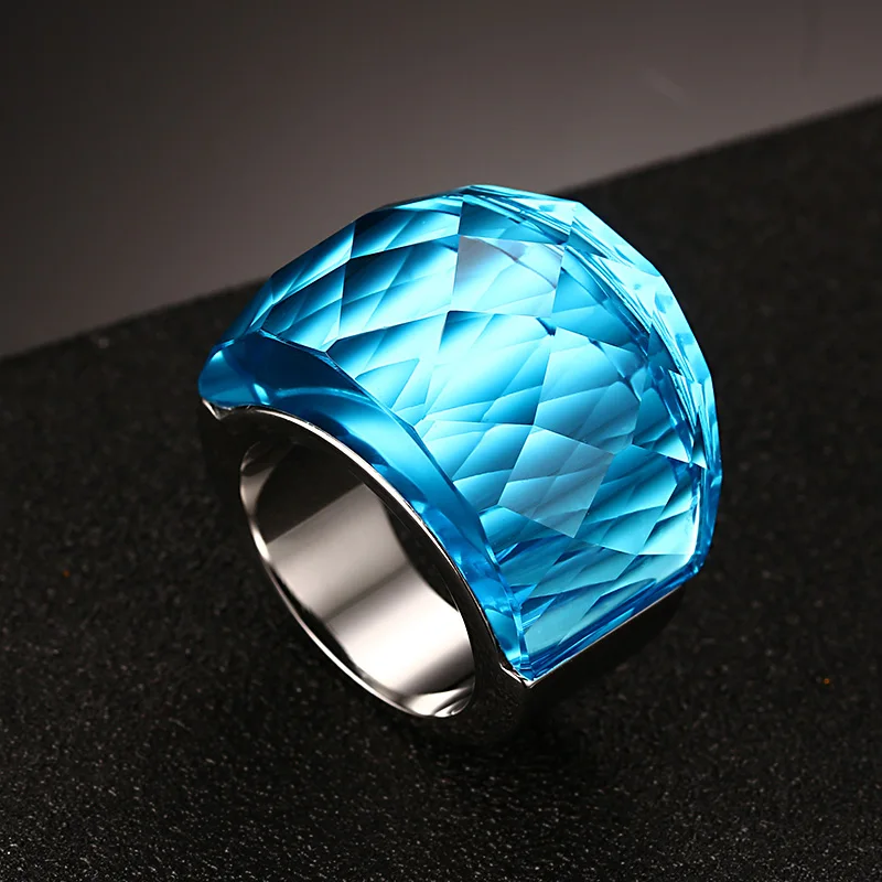 Fashion Large Ring for Women Multicolor Wedding Jewelry 7 Colors Big Glass Stone Ring Stainless Steel Anillos