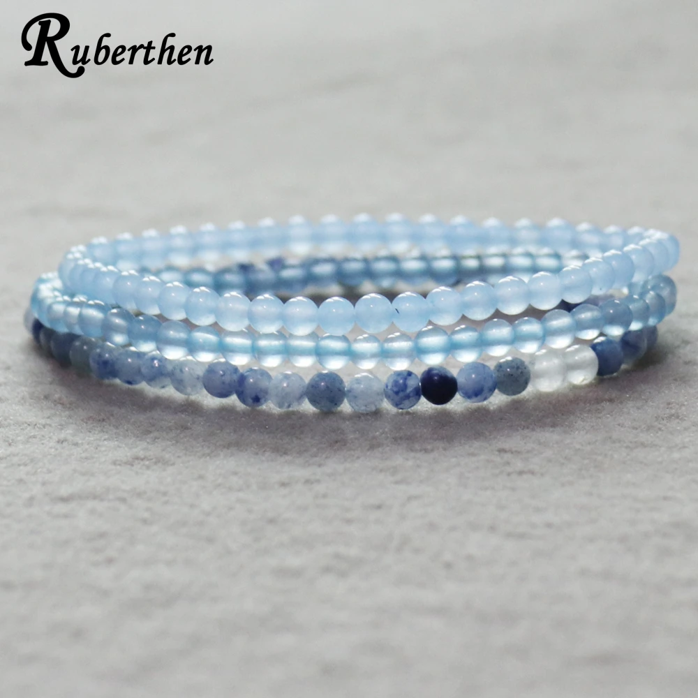 Ruberthen 4 MM Blue Aventurine Bracelets Set Womens Natural Celestine Blue Jade Mini Gemstone Bracelet