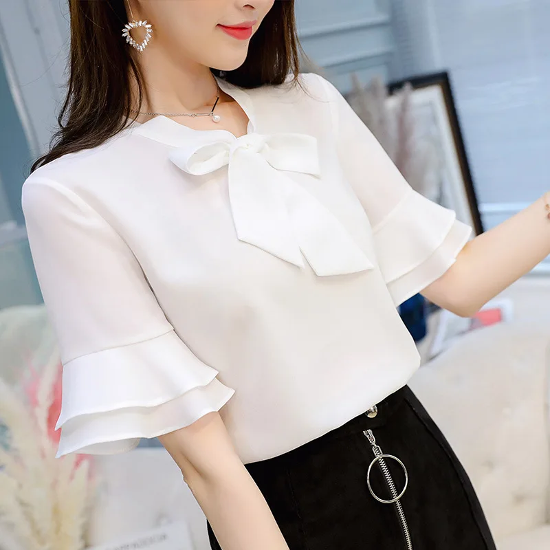 New Korean Chiffon Blouses Office Ladies Spring Summer Pure Color Bowknot Casual Shirt Women Slim Short Sleeve Leisure Top H9106