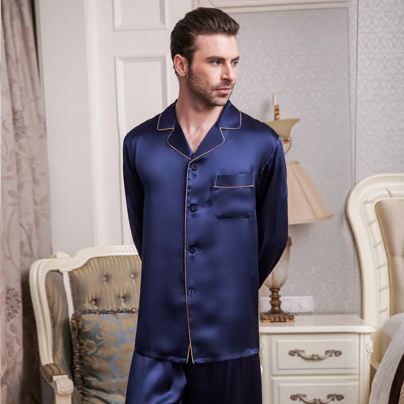 Pyjama en soie véritable pour homme, vêtements de nuit, printemps été, manches longues, pantalon deux pièces, 100% soie de ver, T9002