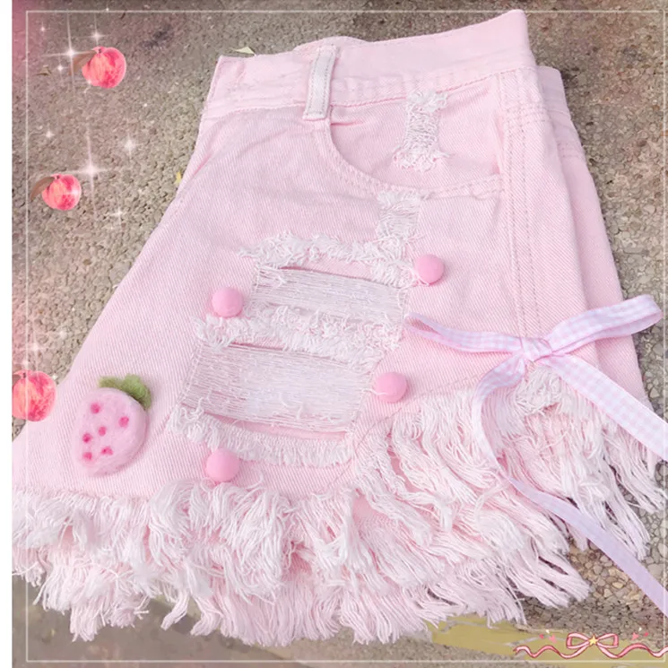 Summer Kawaii Junior\'s Denim Shorts Women Korea Hollow Out Short Shorts Ins Pink White Bow Jeans Feminino Casual Hole Bottoms