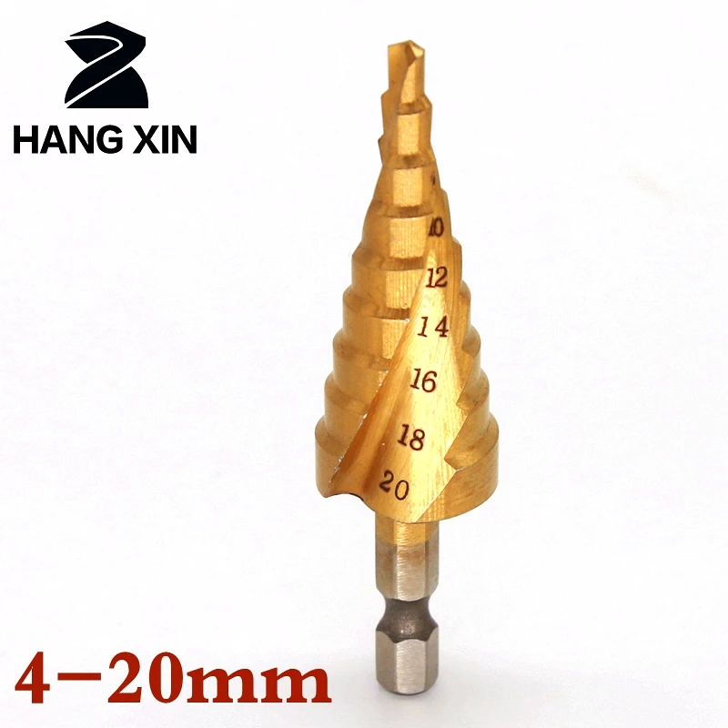 

HANGXIN Hss High Speed Steel Titanium Coated Spiral Grooved Step Drill Bits Set Cone Drill Hole Cutter Bit Set Hex Shank 4-20MM