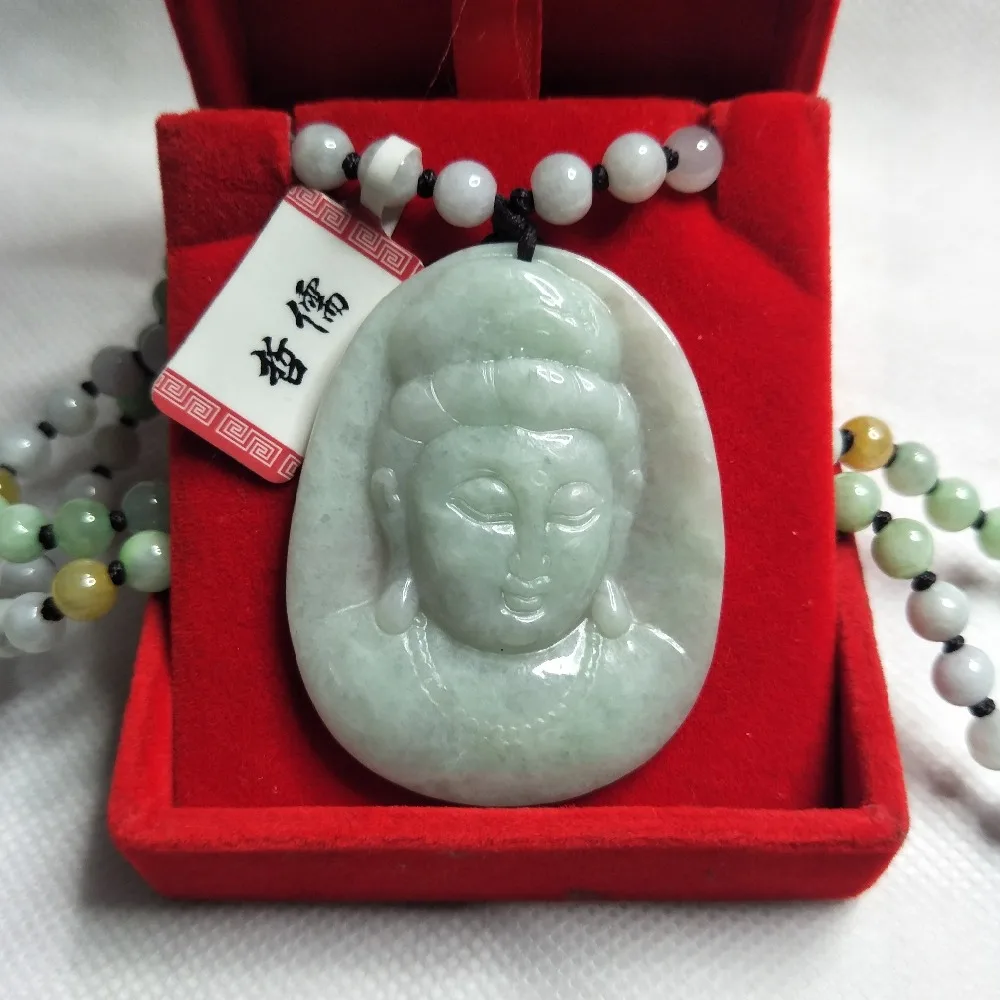 

Zhe Ru Jewelry Pure Natural Jadeite Green Oval Guanyin Avatar Pendant Tri-Color Bead Necklace Send A-Level Certificate