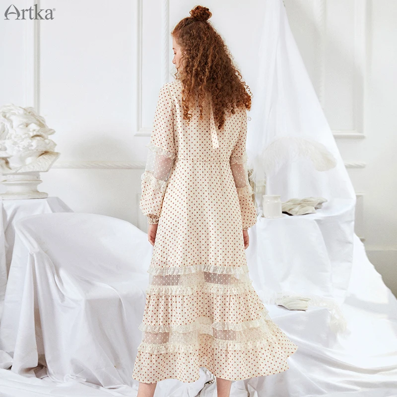 ARTKA 2019 Spring Summer Women Dresses Featured Lace Stitching O-Neck Sweet Dot Dress For Women Adjustable Sashes Dress LA10698C