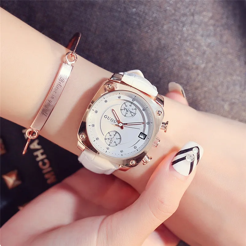 Fashion Brand Lady Man Unisex Luxury Rose Gold Steel & Leather Dress Calendar Watch Square Dial Waterproof Clock Gift For Lover