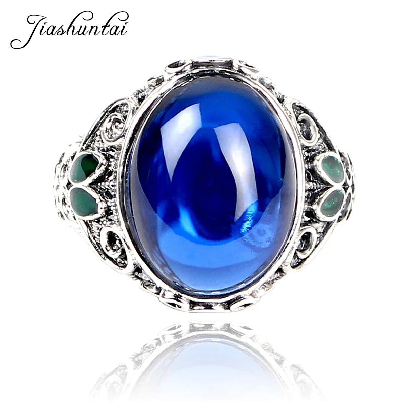 

JIASHUNTAI Vintage 925 Sterling Silver Round Rings Retro Thai Silver Blue Stone Ring Cloisonne Enamel Jewelry For Women