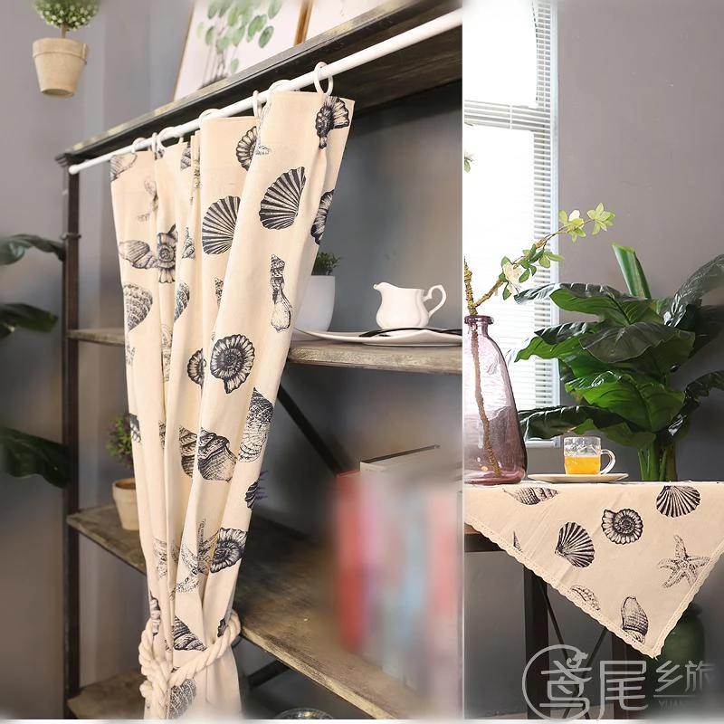 Short Curtain Simple Floral Conch Pattern Half-Curtain Linen Gauze Plaid Pattern Coffee Small Curtain for Kitchen Cabinet Door