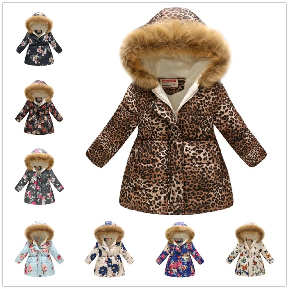 

Leopard Young Girls Down Jacket Fleece Winter Children Outwear Clothes Girl Hooded Long Coat Outfit Flower Kids Overcoat Cloak