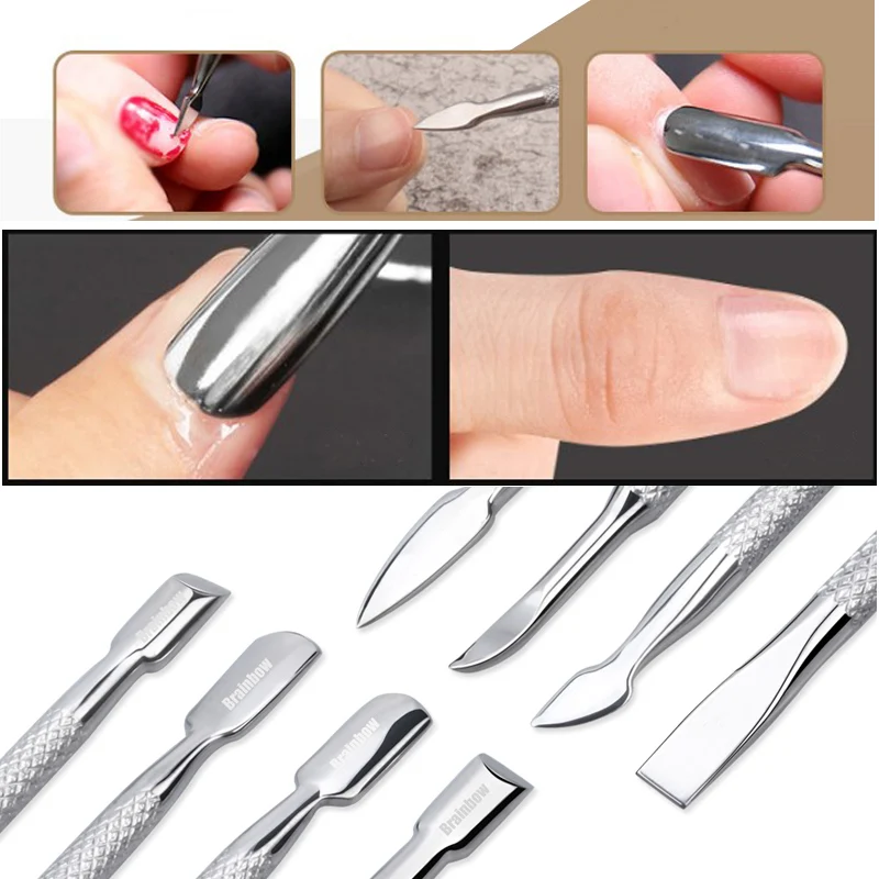 Brainbow 4 Stks/pak Nail Cuticle Pusher Rvs Dubbelzijdig Uv Gel Cuticle Verwijderen Dode Huid Pusher Nail Art Manicure gereedschap