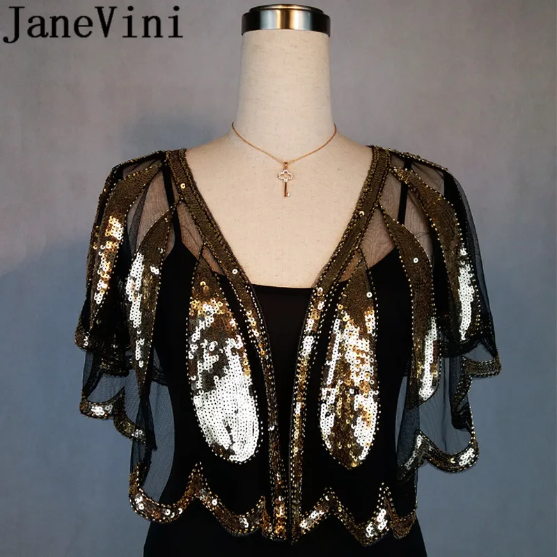 

JaneVini Shiny Beading Wedding Capes Shrug Luxury Gold Silver Sequins Women Bolero Bridal Wrap Bride Bolero Novia Cape Mariage