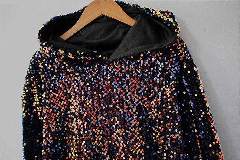 Women Sequined Hooded Sweatshirt Long Sleeve Shine Bottoming Shirt Shiney Hoodies