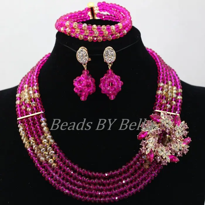 Fashion Fushia Pink Women Stylish Crystal Jewelry Accessories Nigerian Wedding African Beads Jewelry set Free Shipping ABL060