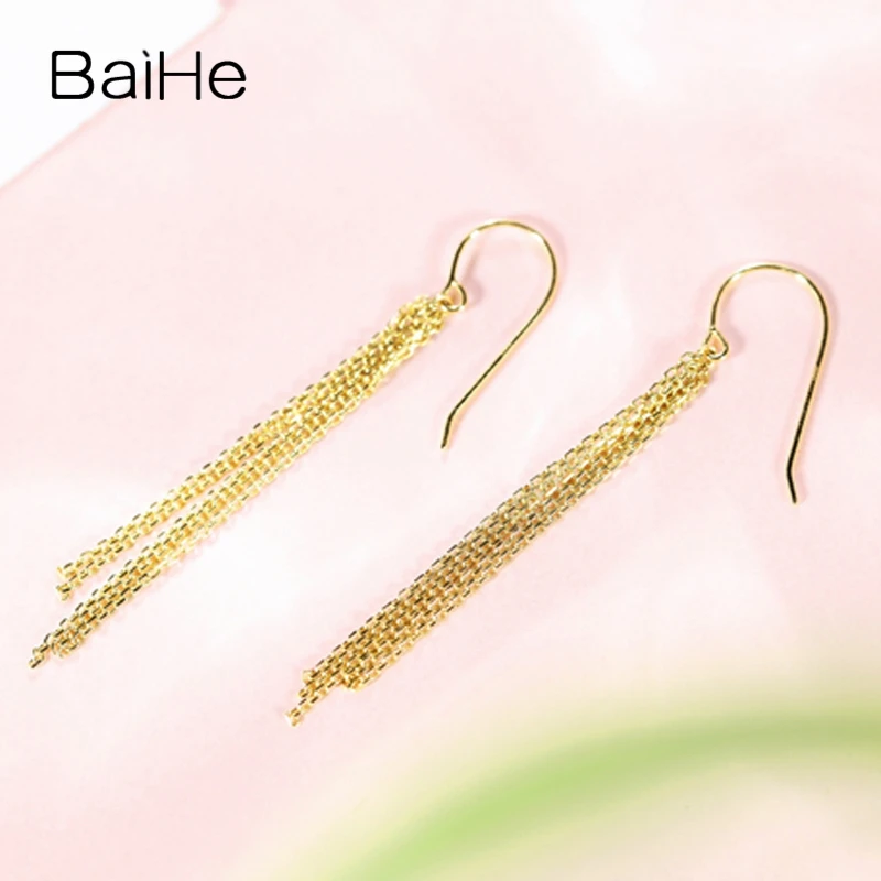 BAIHE Solid 18K Yellow Gold Real Gold Long tassel Ear Hook earrings for Women Trendy Engagement Fine Jewelry boucle d’oreille