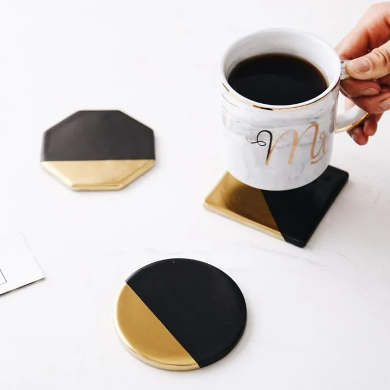 CFen A's Marble Grain Black Gold Plating Ceramics Coasters Cup Pad Mat Table bowl Placemat Coffee Tea Cup drink coasters 1pc