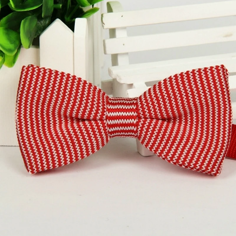 Classical Men's Red Bow Tie White Striped Double Layer Tie Knit Knitted Pre Tied Bow Tie Groom Wedding Party ZZBW225